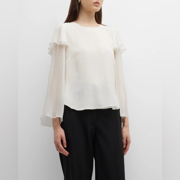 Rebecca Taylor Silk Chiffon Ruffle Blouse Size 4 Ivory Sheer Sleeve Feminine NWT - Picture 1 of 8